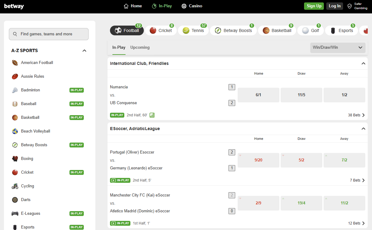 betway in play betting